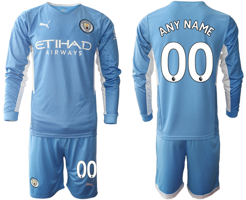 Men 2021-2022 Club Manchester city home Light blue Long Sleeve customized Soccer Jersey->customized soccer jersey->Custom Jersey